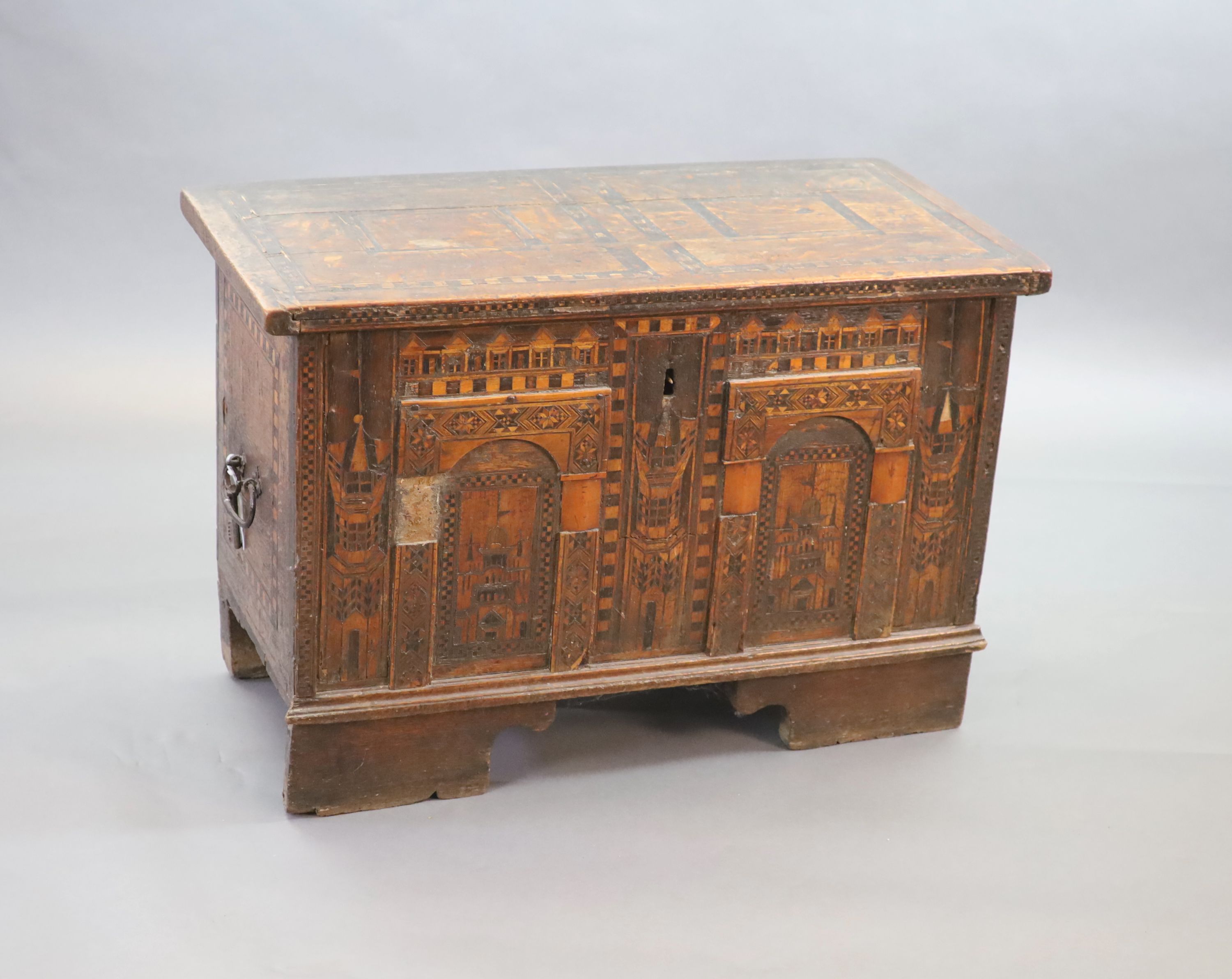 A late 16th century Anglo-German ‘Nonesuch’ chest, 95cm wide, 49cm deep, 65cm high